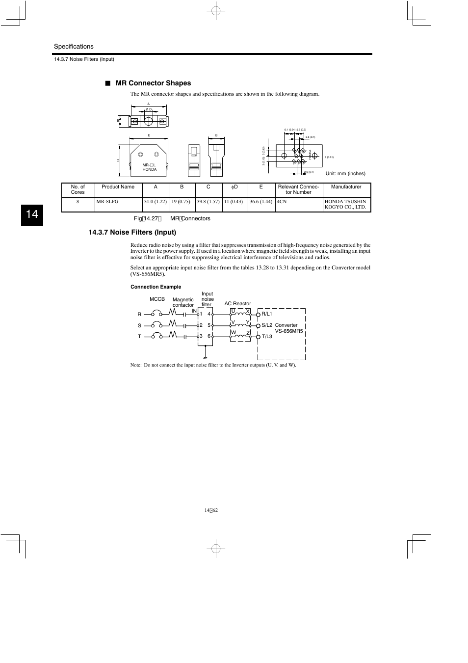 7 noise filters (input), Mr connector shapes, Specifications | Yaskawa Varispeed 626M5 User Manual | Page 266 / 305