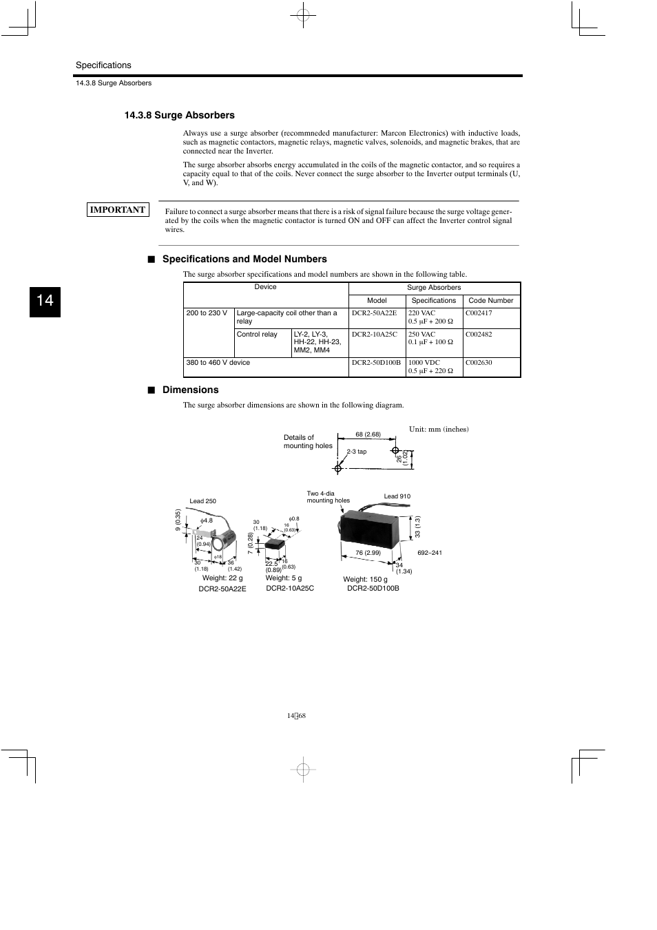 8 surge absorbers, Specifications and model numbers, Dimensions | Yaskawa Varispeed 626M5 User Manual | Page 272 / 305
