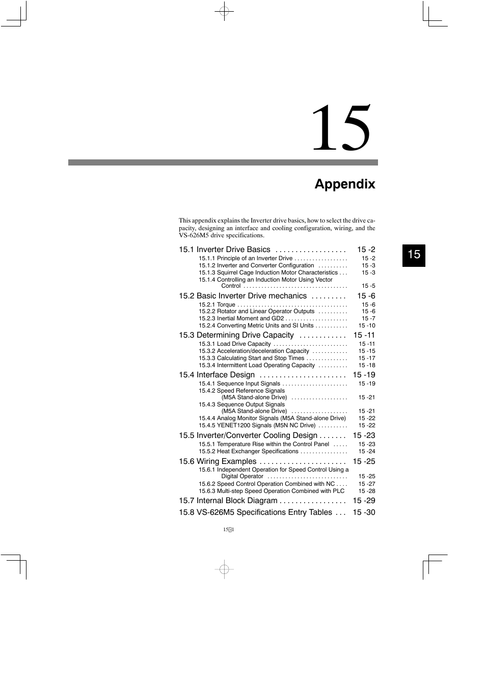 15 appendix, Appendix | Yaskawa Varispeed 626M5 User Manual | Page 273 / 305