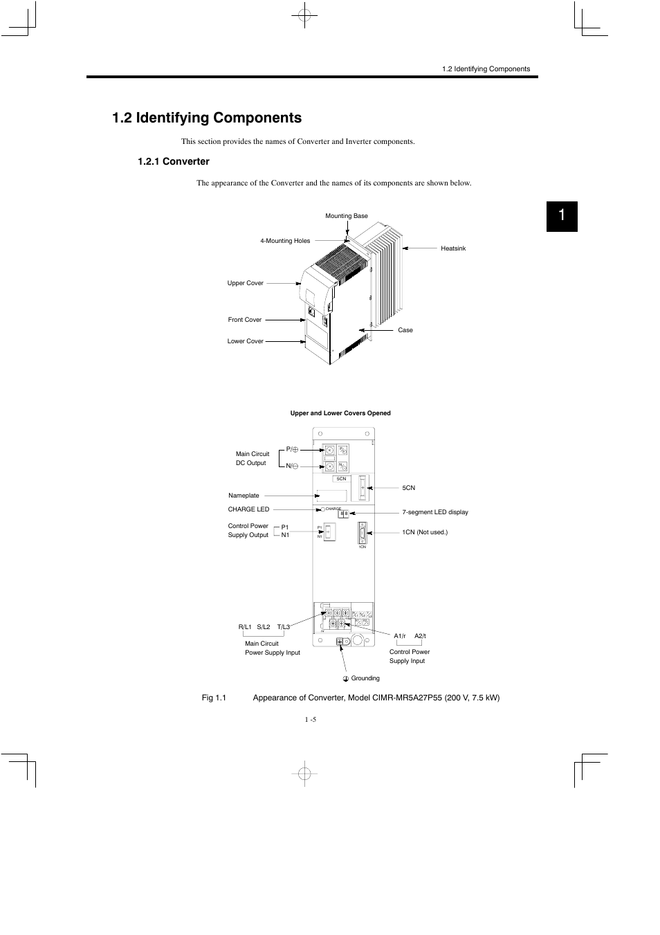 2 identifying components, 1 converter | Yaskawa Varispeed 626M5 User Manual | Page 28 / 305