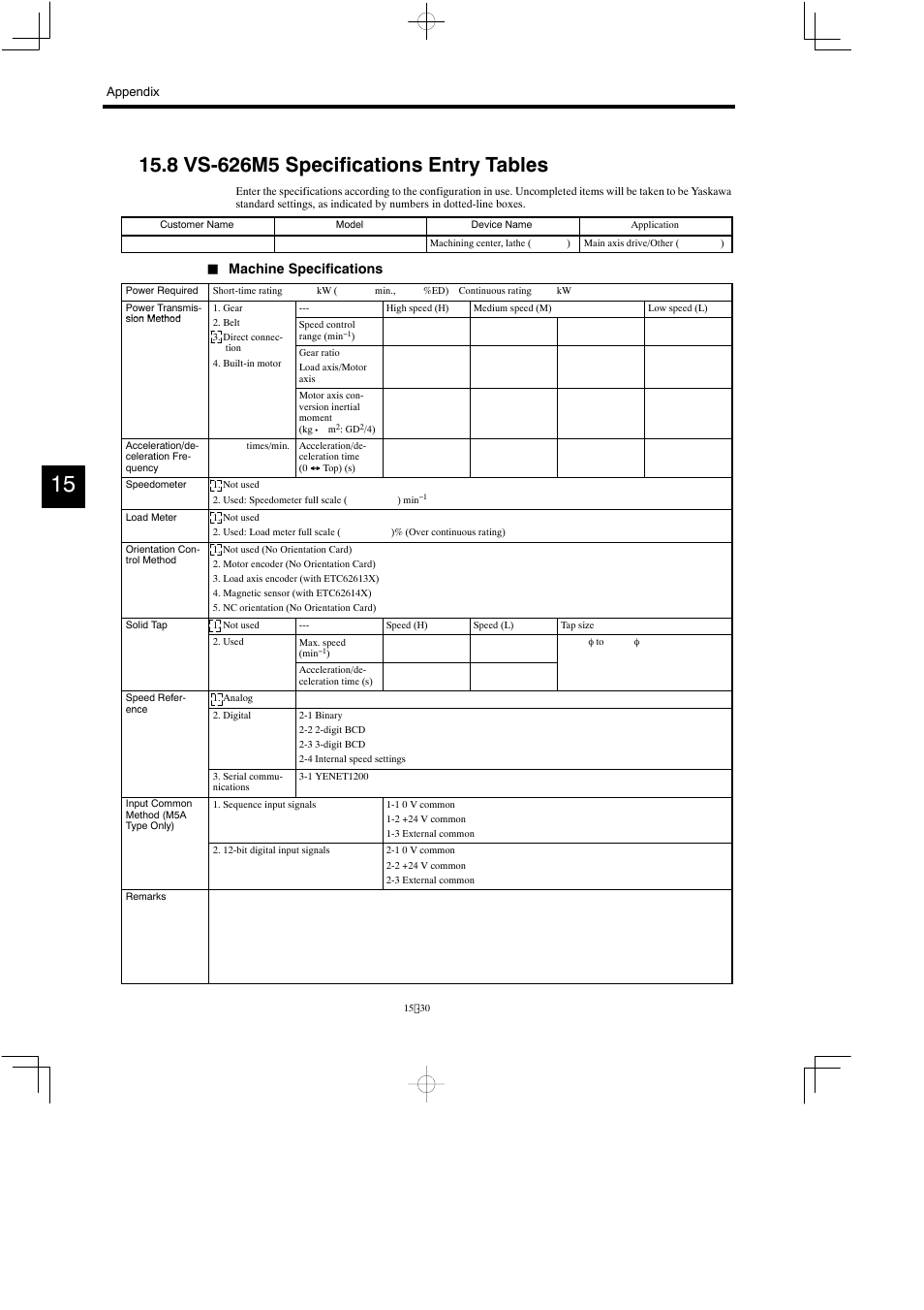 8 vs-626m5 specifications entry tables, Machine specifications | Yaskawa Varispeed 626M5 User Manual | Page 302 / 305