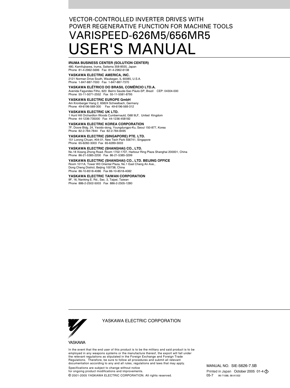 Back cover, User's manual | Yaskawa Varispeed 626M5 User Manual | Page 305 / 305