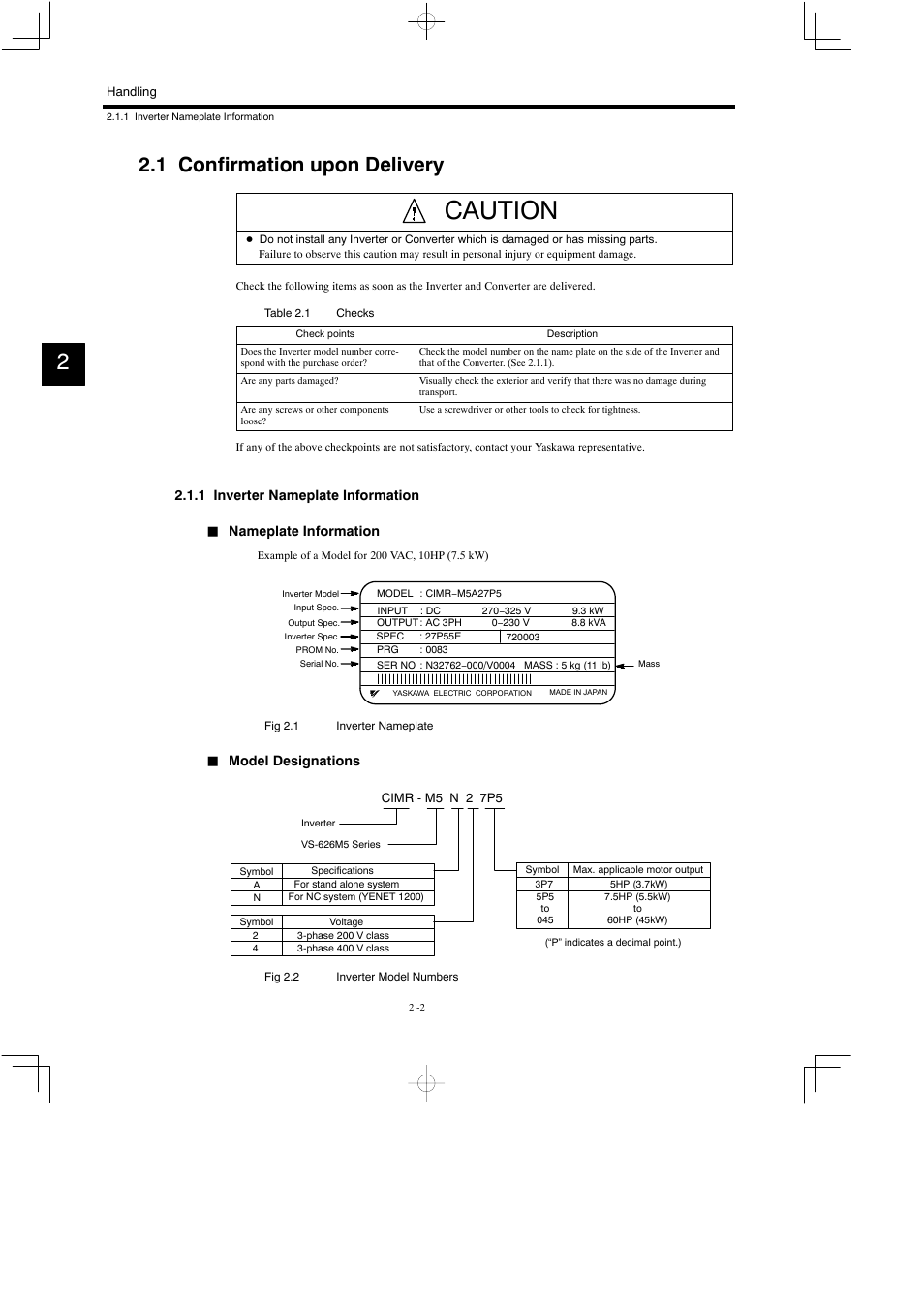 1 confirmation upon delivery, 1 inverter nameplate information, Caution | Yaskawa Varispeed 626M5 User Manual | Page 31 / 305