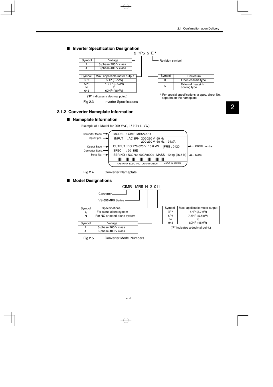 2 converter nameplate information, Inverter specification designation, Nameplate information | Model designations | Yaskawa Varispeed 626M5 User Manual | Page 32 / 305