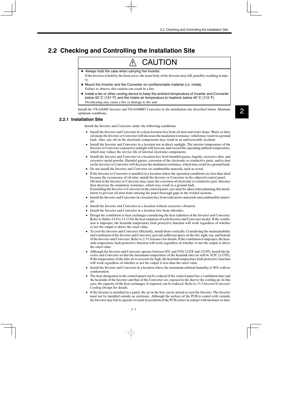 2 checking and controlling the installation site, 1 installation site, Caution | Yaskawa Varispeed 626M5 User Manual | Page 34 / 305