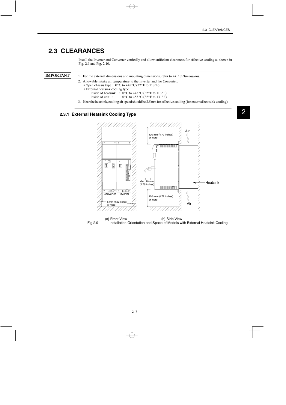 3 clearances, 1 external heatsink cooling type | Yaskawa Varispeed 626M5 User Manual | Page 36 / 305