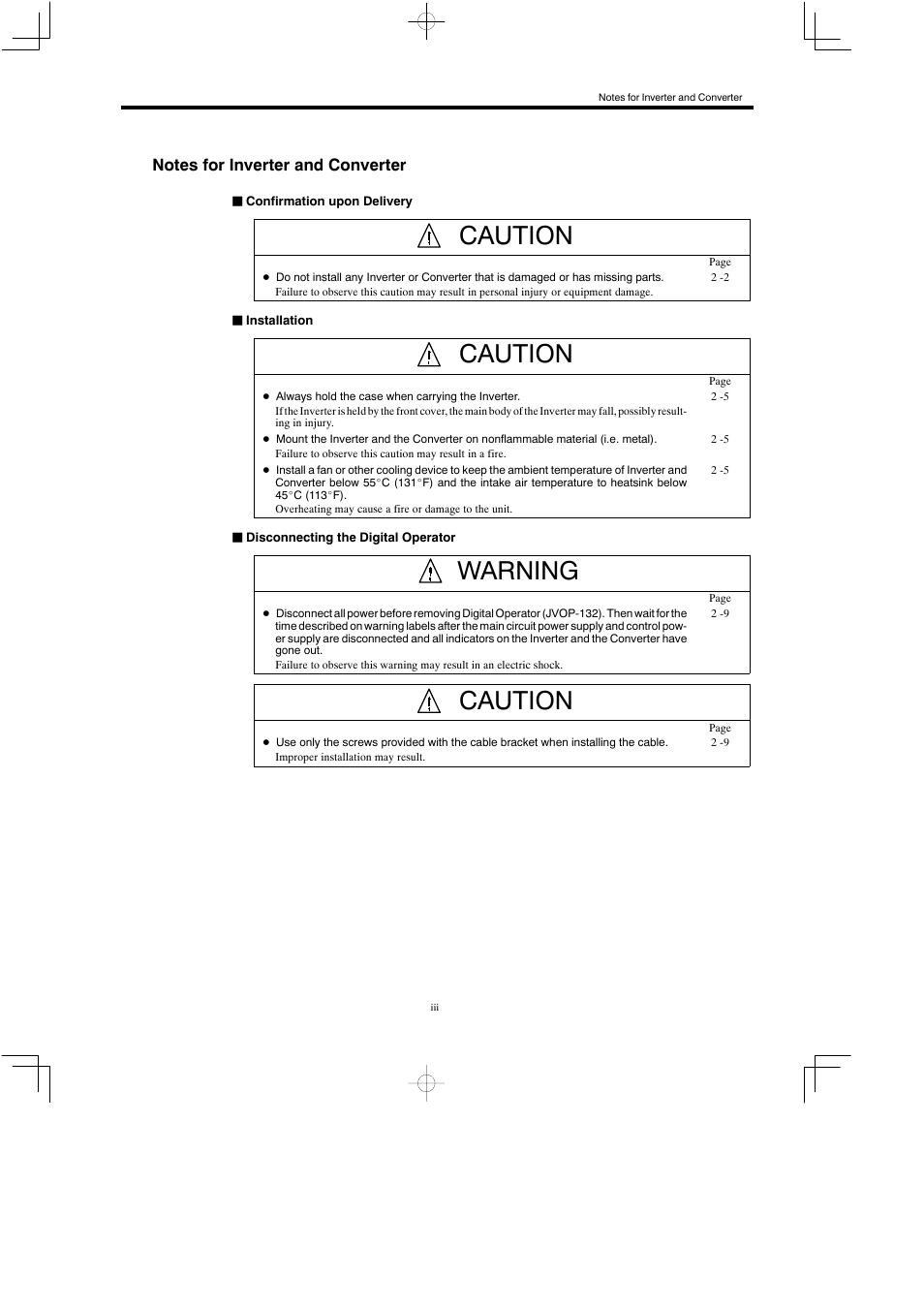 Notes for inverter and converter, Caution, Warning | Yaskawa Varispeed 626M5 User Manual | Page 4 / 305