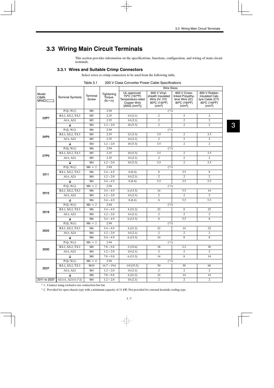 3 wiring main circuit terminals, 1 wires and suitable crimp connectors | Yaskawa Varispeed 626M5 User Manual | Page 47 / 305