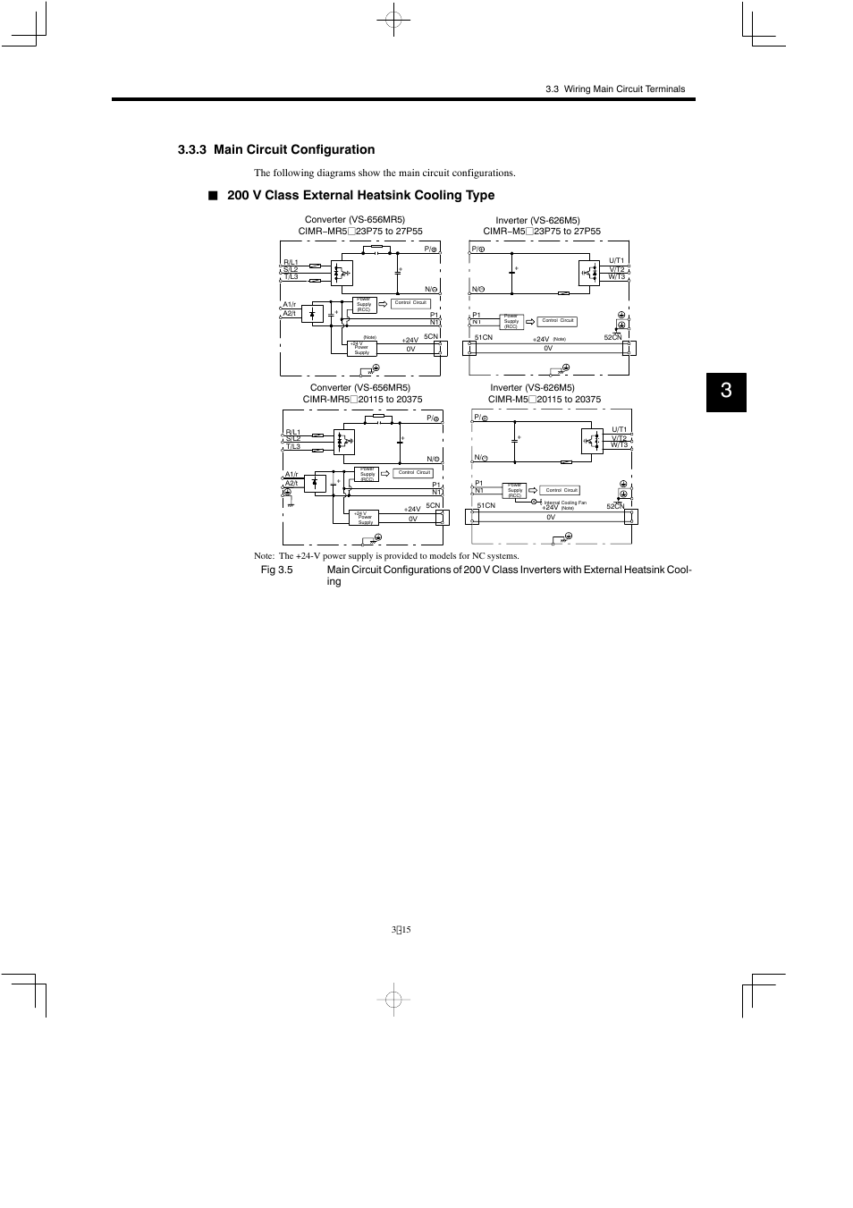 3 main circuit configuration, 200 v class external heatsink cooling type | Yaskawa Varispeed 626M5 User Manual | Page 55 / 305