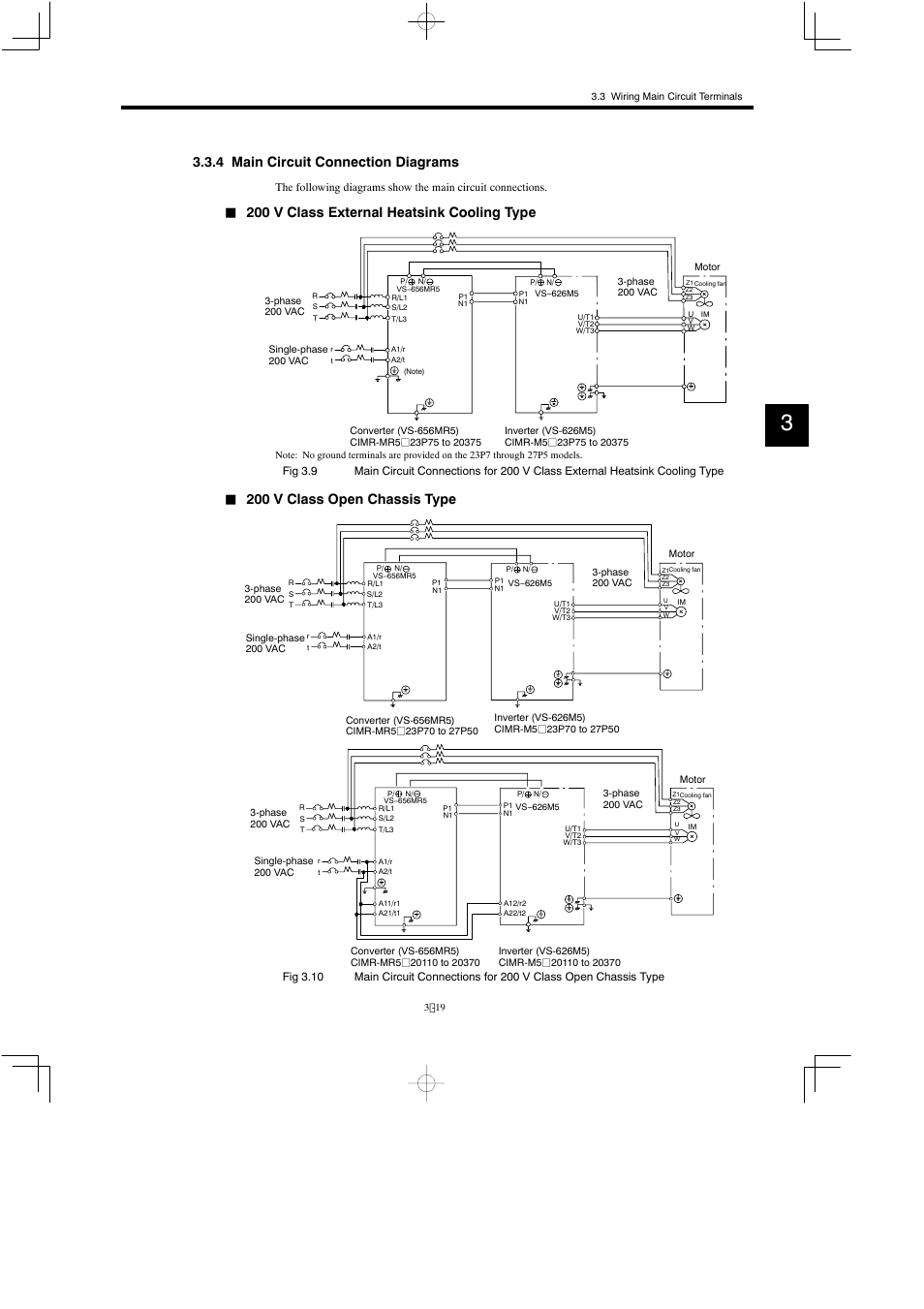 4 main circuit connection diagrams, 200 v class external heatsink cooling type, 200 v class open chassis type | Yaskawa Varispeed 626M5 User Manual | Page 59 / 305