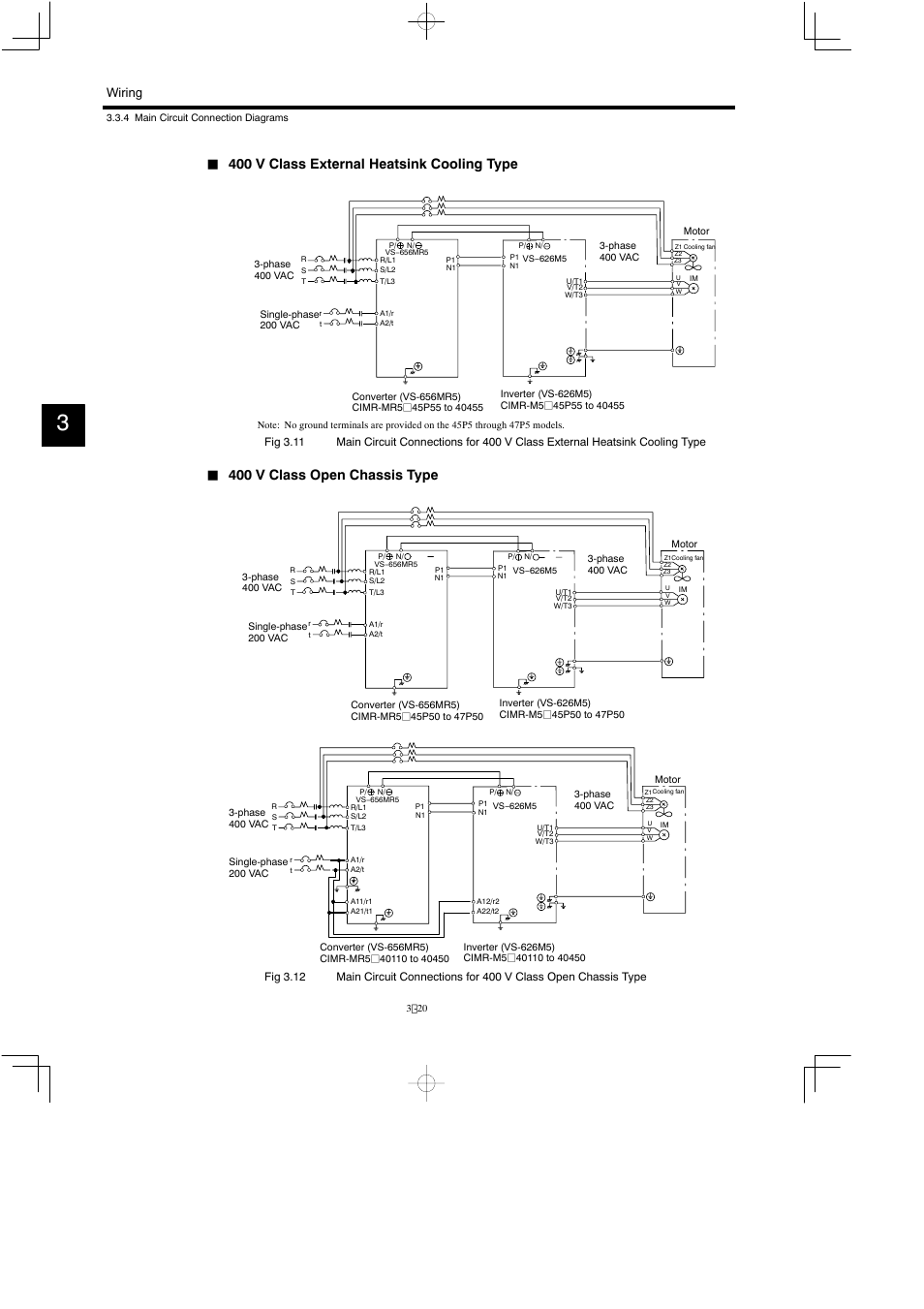 400 v class external heatsink cooling type, 400 v class open chassis type, Wiring | Yaskawa Varispeed 626M5 User Manual | Page 60 / 305