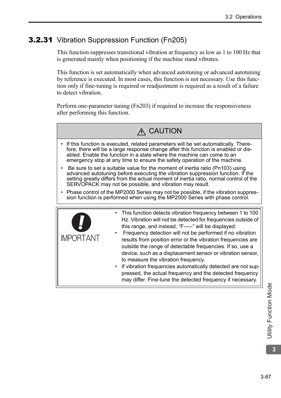 31 vibration suppression function (fn205), Caution | Yaskawa Sigma-5 User Manual: Operation of Digital Operator User Manual | Page 121 / 145