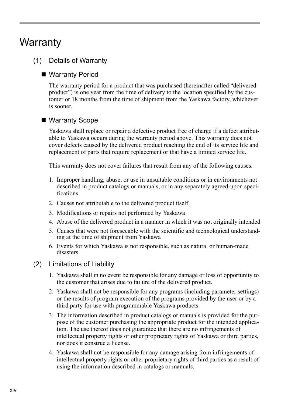 Warranty | Yaskawa Sigma-5 User Manual: Operation of Digital Operator User Manual | Page 14 / 145