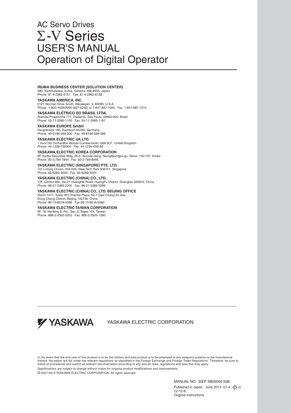 Back cover, Series, User's manual operation of digital operator | Ac servo drives | Yaskawa Sigma-5 User Manual: Operation of Digital Operator User Manual | Page 145 / 145