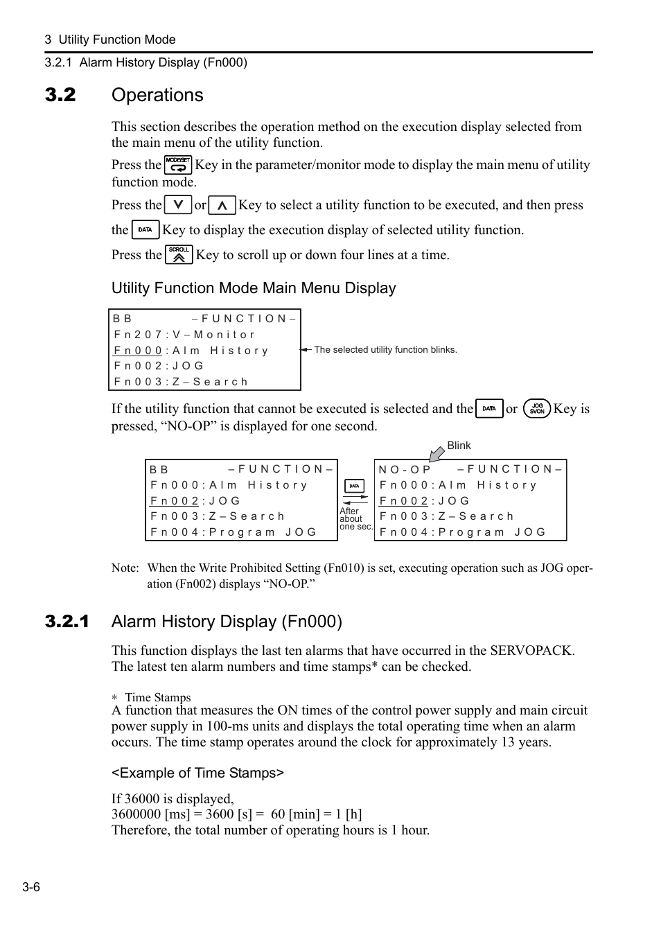 2 operations, 1 alarm history display (fn000), Utility function mode main menu display | Yaskawa Sigma-5 User Manual: Operation of Digital Operator User Manual | Page 40 / 145