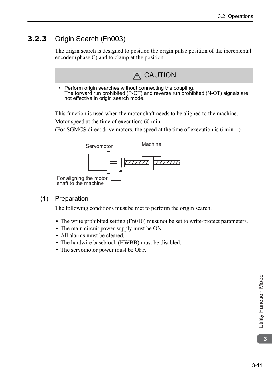 3 origin search (fn003), Caution | Yaskawa Sigma-5 User Manual: Operation of Digital Operator User Manual | Page 45 / 145