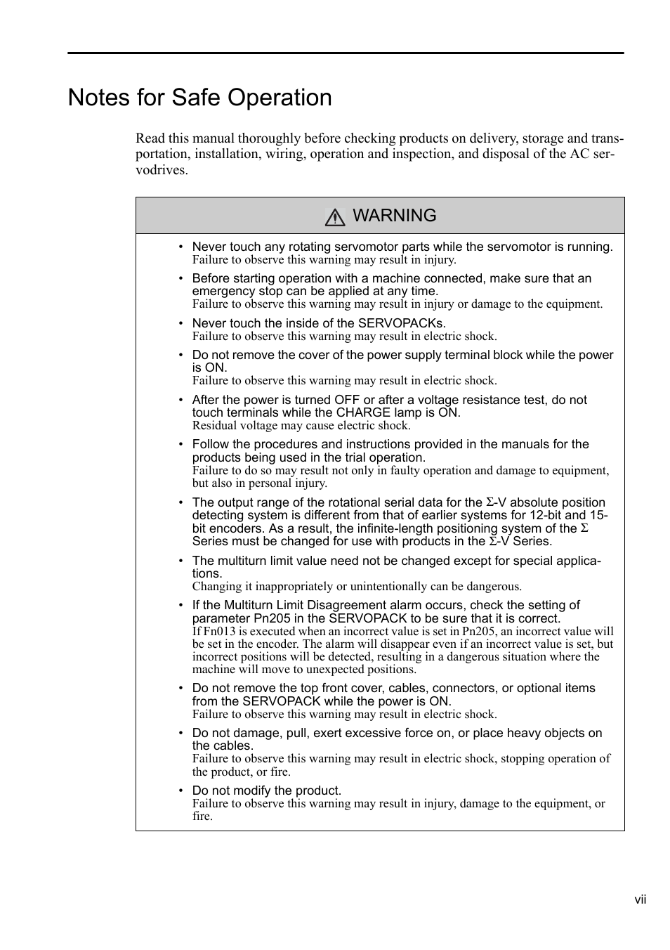 Notes for safe operation, Warning | Yaskawa Sigma-5 User Manual: Operation of Digital Operator User Manual | Page 7 / 145