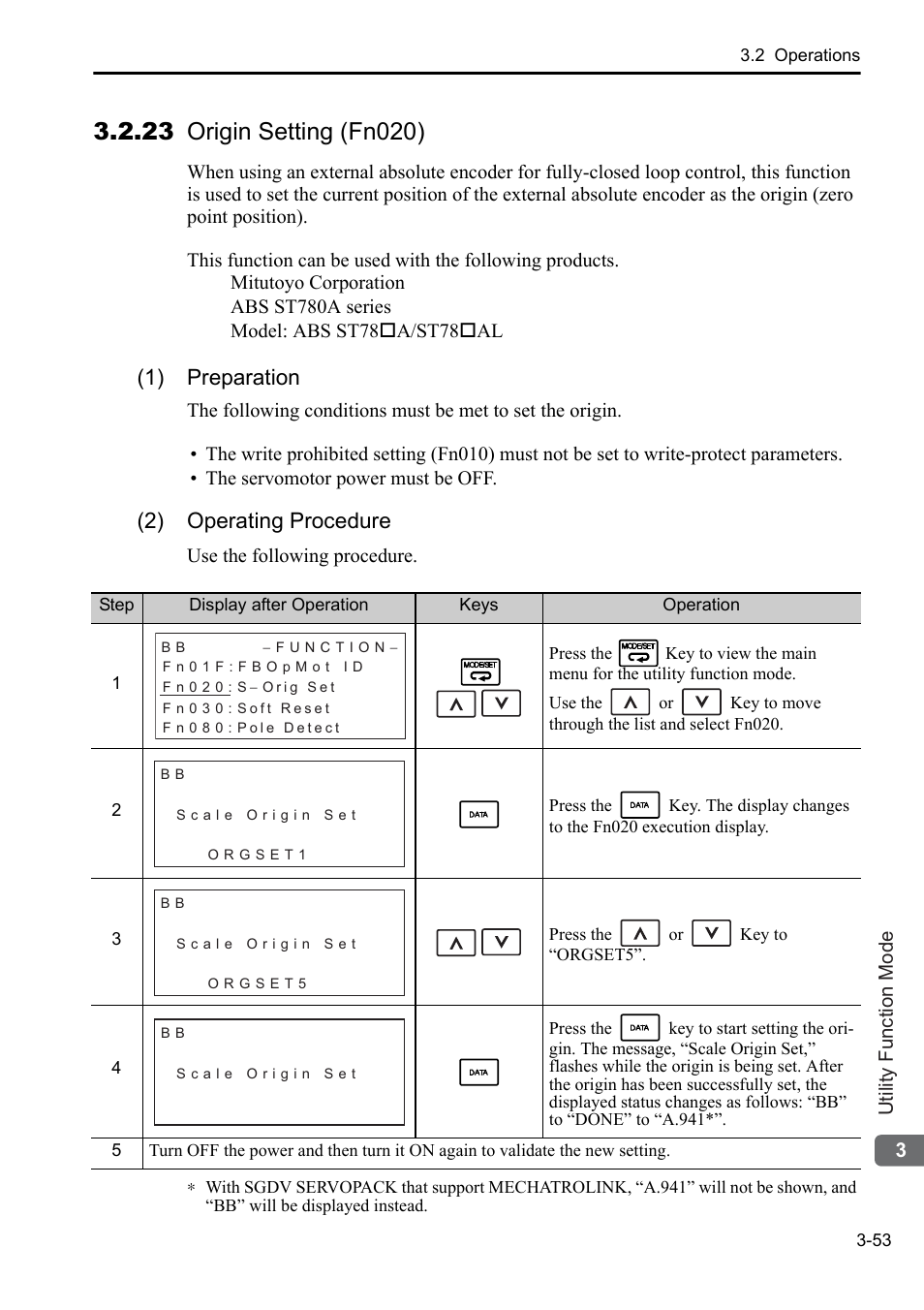23 origin setting (fn020), 1) preparation, 2) operating procedure | Yaskawa Sigma-5 User Manual: Operation of Digital Operator User Manual | Page 87 / 145