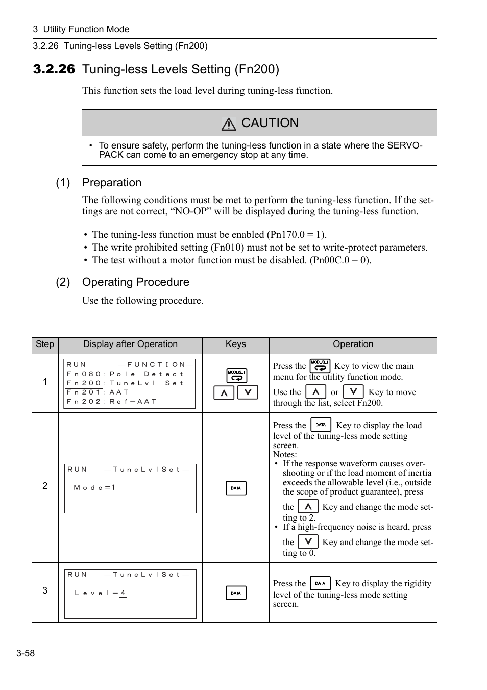 26 tuning-less levels setting (fn200), Caution | Yaskawa Sigma-5 User Manual: Operation of Digital Operator User Manual | Page 92 / 145