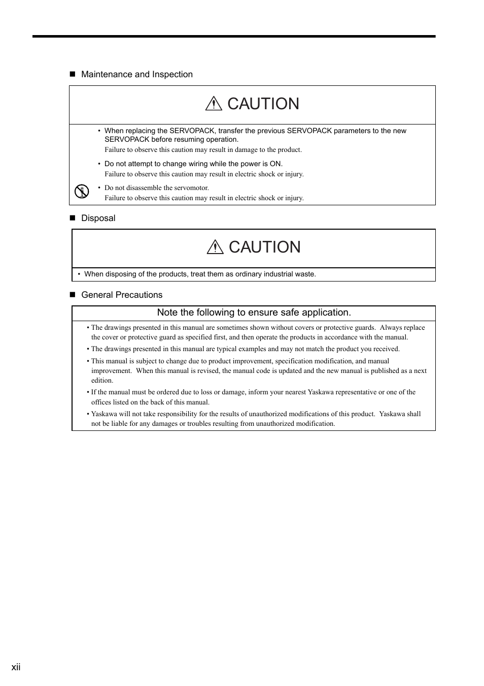 Caution | Yaskawa Sigma II Series SGMVH User Manual | Page 12 / 339