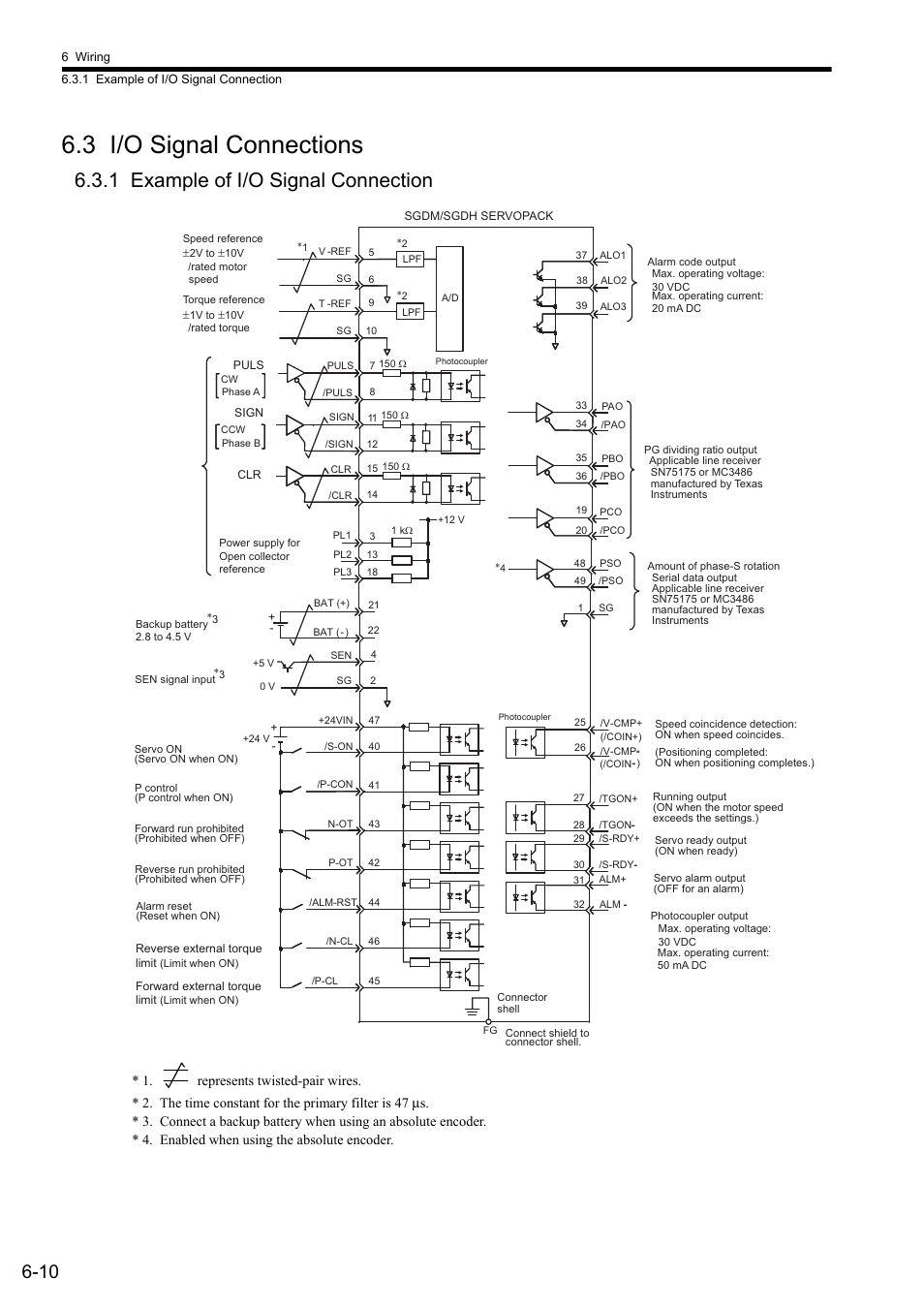 3 i/o signal connections, 1 example of i/o signal connection | Yaskawa Sigma II Series SGMVH User Manual | Page 135 / 339