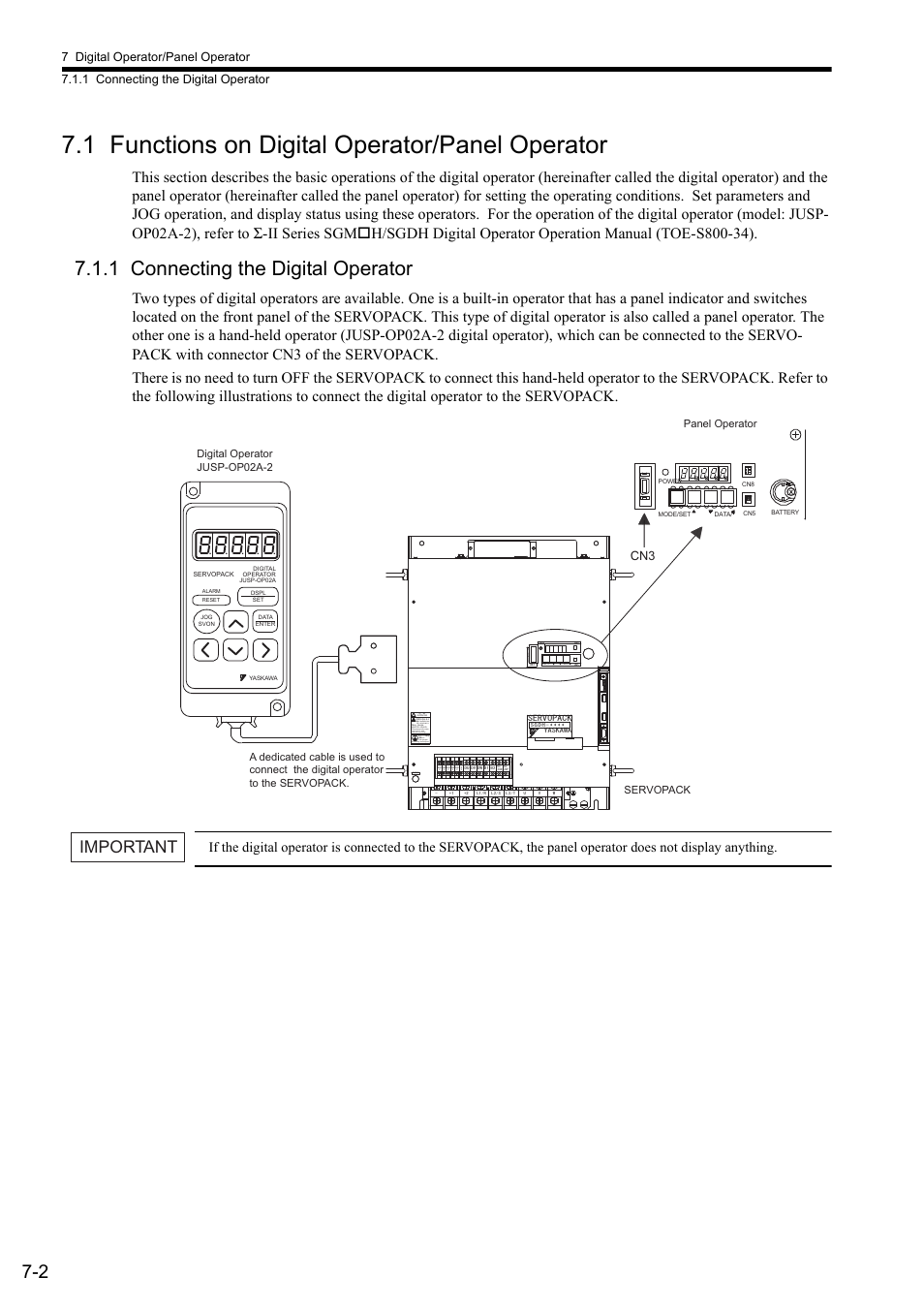 1 functions on digital operator/panel operator, 1 connecting the digital operator, Important | ㅢ㔚ਛ෸߮㔚ḯࠝࡈᓟ5 ಽ㑆ޔ┵ሶㇱߦ⸅ࠆߥ, Disconnect all power | Yaskawa Sigma II Series SGMVH User Manual | Page 151 / 339