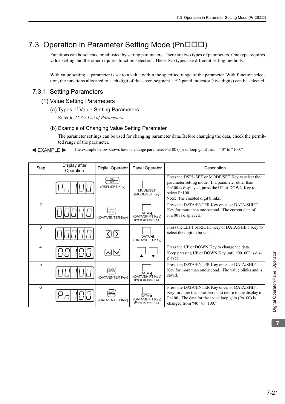 3 operation in parameter setting mode (pn***), 1 setting parameters, 3 operation in parameter setting mode (pn) | 1) value setting parameters, A) types of value setting parameters, B) example of changing value setting parameter | Yaskawa Sigma II Series SGMVH User Manual | Page 170 / 339