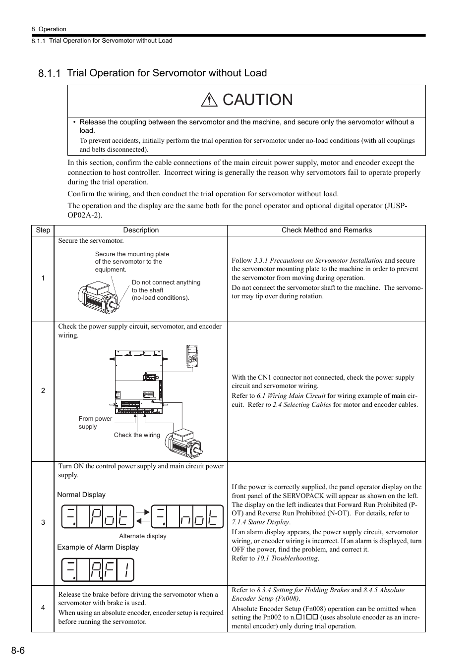 1 trial operation for servomotor without load, Caution | Yaskawa Sigma II Series SGMVH User Manual | Page 187 / 339