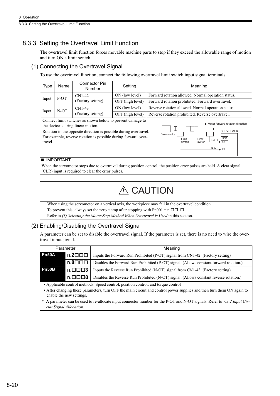 3 setting the overtravel limit function, Caution, 1) connecting the overtravel signal | 2) enabling/disabling the overtravel signal | Yaskawa Sigma II Series SGMVH User Manual | Page 201 / 339
