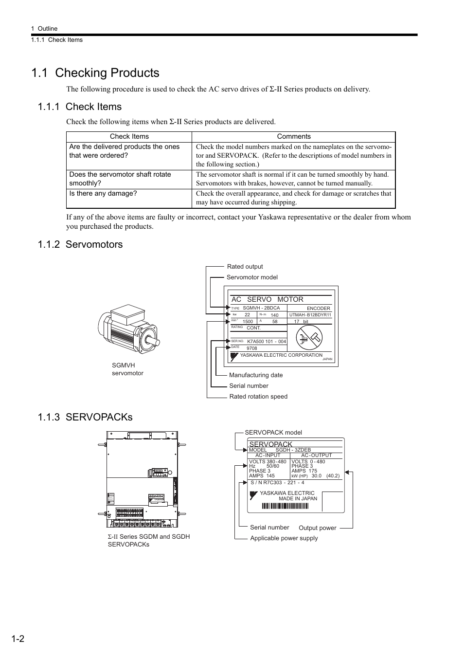1 checking products, 1 check items, 2 servomotors | 3 servopacks, 2 servomotors 1.1.3 servopacks | Yaskawa Sigma II Series SGMVH User Manual | Page 21 / 339