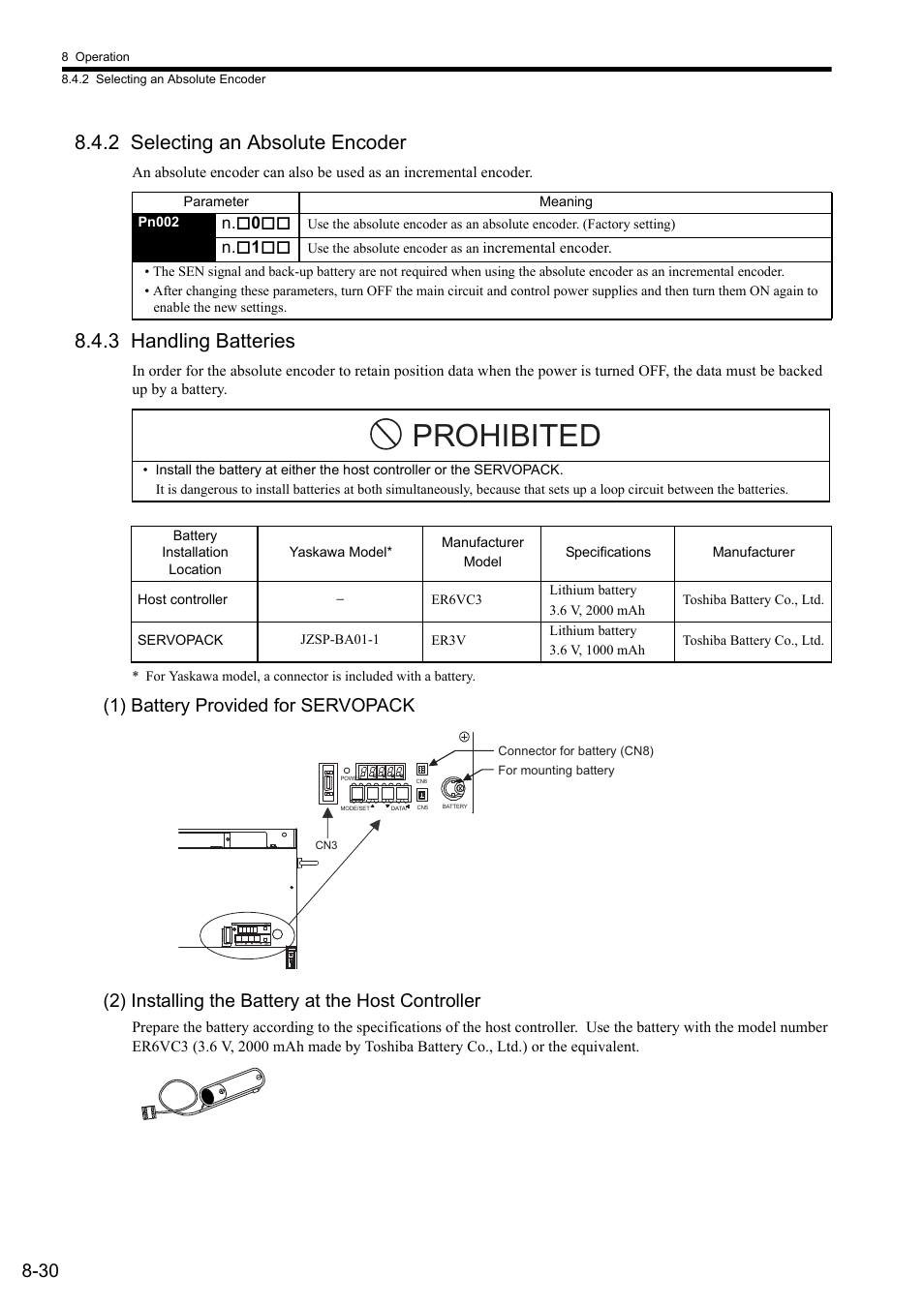 2 selecting an absolute encoder, 3 handling batteries, Prohibited | N. 0, N. 1 | Yaskawa Sigma II Series SGMVH User Manual | Page 211 / 339