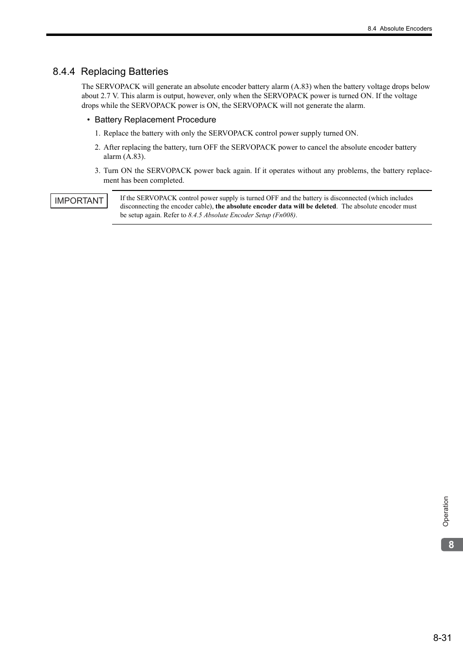 4 replacing batteries | Yaskawa Sigma II Series SGMVH User Manual | Page 212 / 339