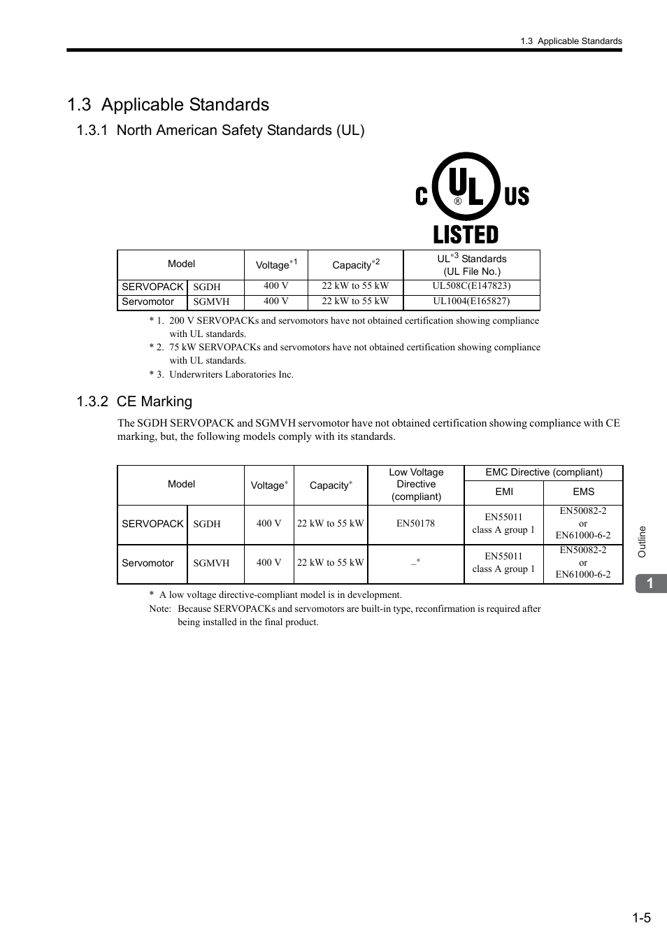 3 applicable standards, 1 north american safety standards (ul), 2 ce marking | Yaskawa Sigma II Series SGMVH User Manual | Page 24 / 339