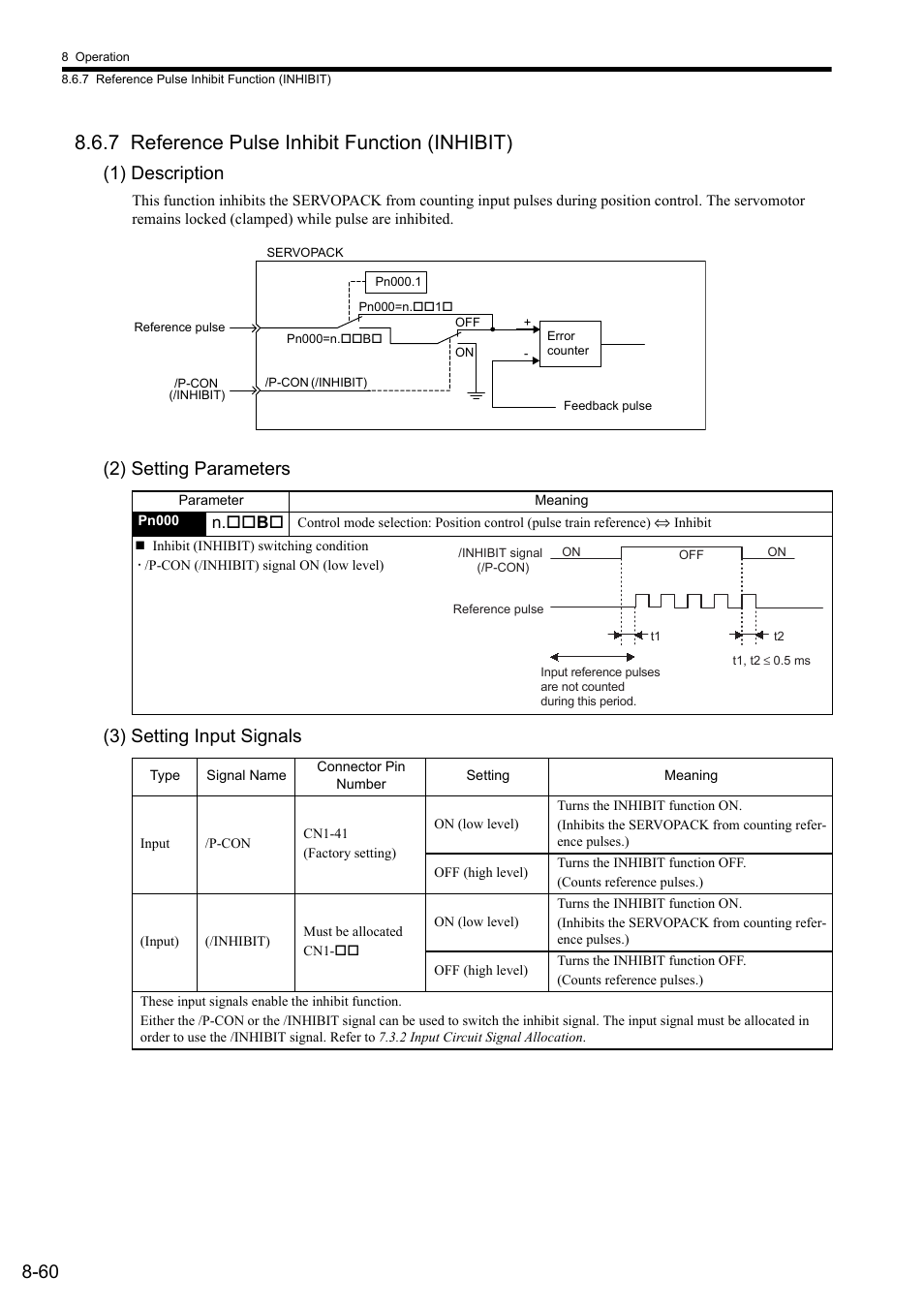 7 reference pulse inhibit function (inhibit), 1) description, 2) setting parameters (3) setting input signals | Yaskawa Sigma II Series SGMVH User Manual | Page 241 / 339