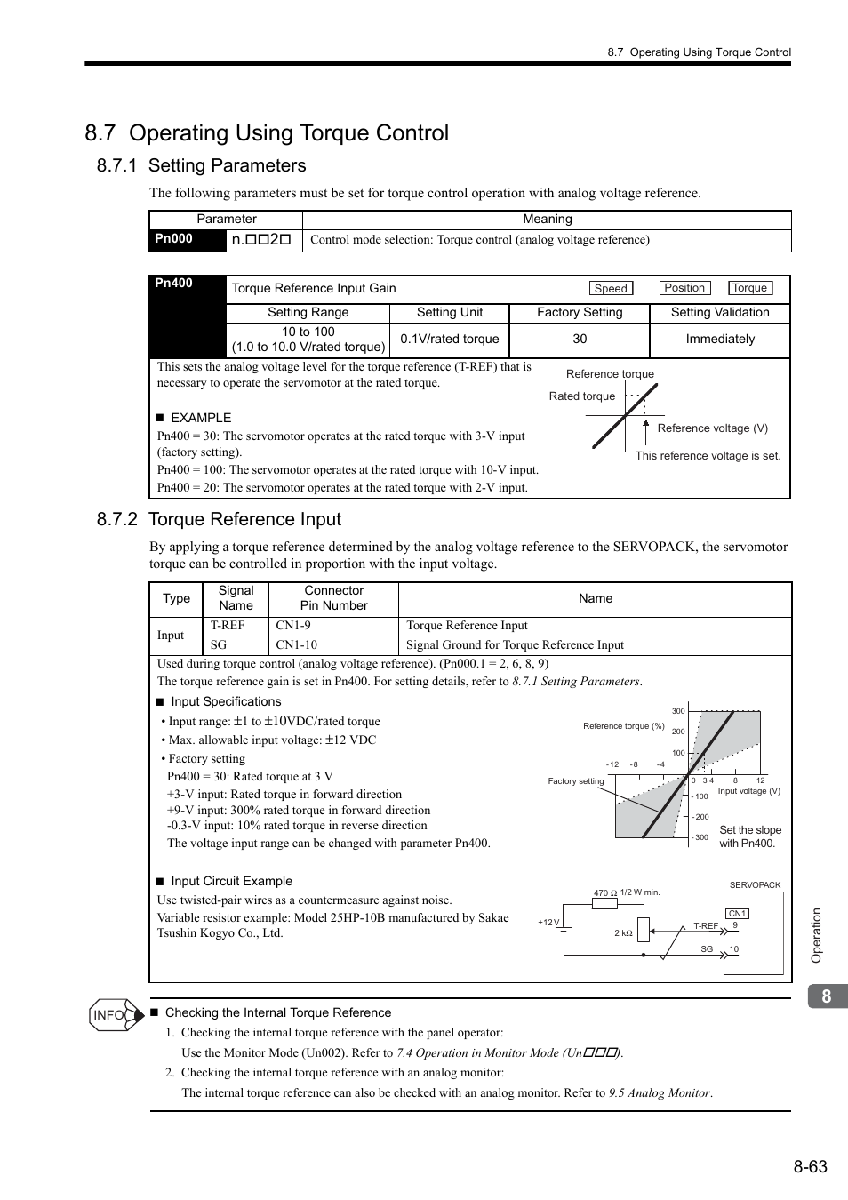 7 operating using torque control, 1 setting parameters, 2 torque reference input | Yaskawa Sigma II Series SGMVH User Manual | Page 244 / 339