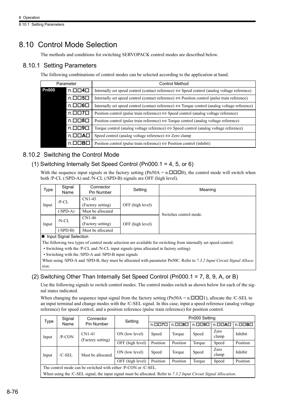 10 control mode selection, 1 setting parameters, 2 switching the control mode | Yaskawa Sigma II Series SGMVH User Manual | Page 257 / 339