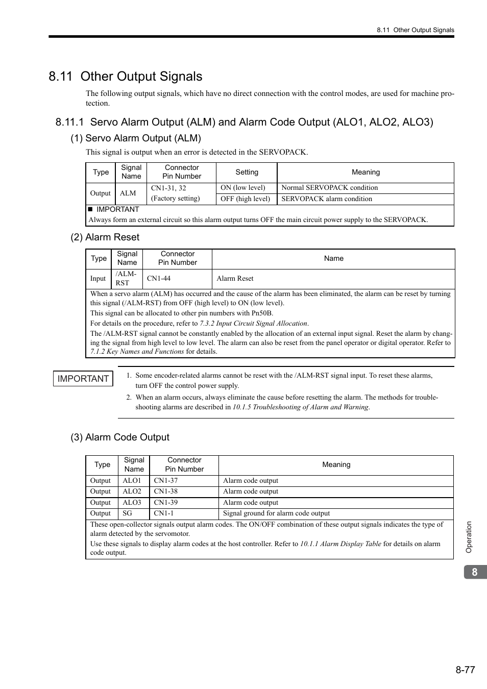 11 other output signals, 1) servo alarm output (alm), 2) alarm reset | 3) alarm code output | Yaskawa Sigma II Series SGMVH User Manual | Page 258 / 339