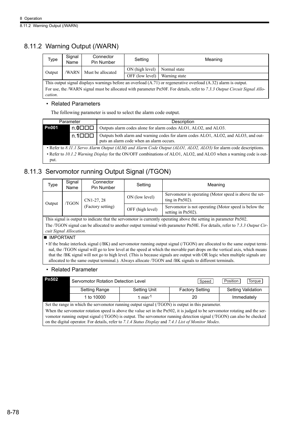 2 warning output (/warn), 3 servomotor running output signal (/tgon) | Yaskawa Sigma II Series SGMVH User Manual | Page 259 / 339