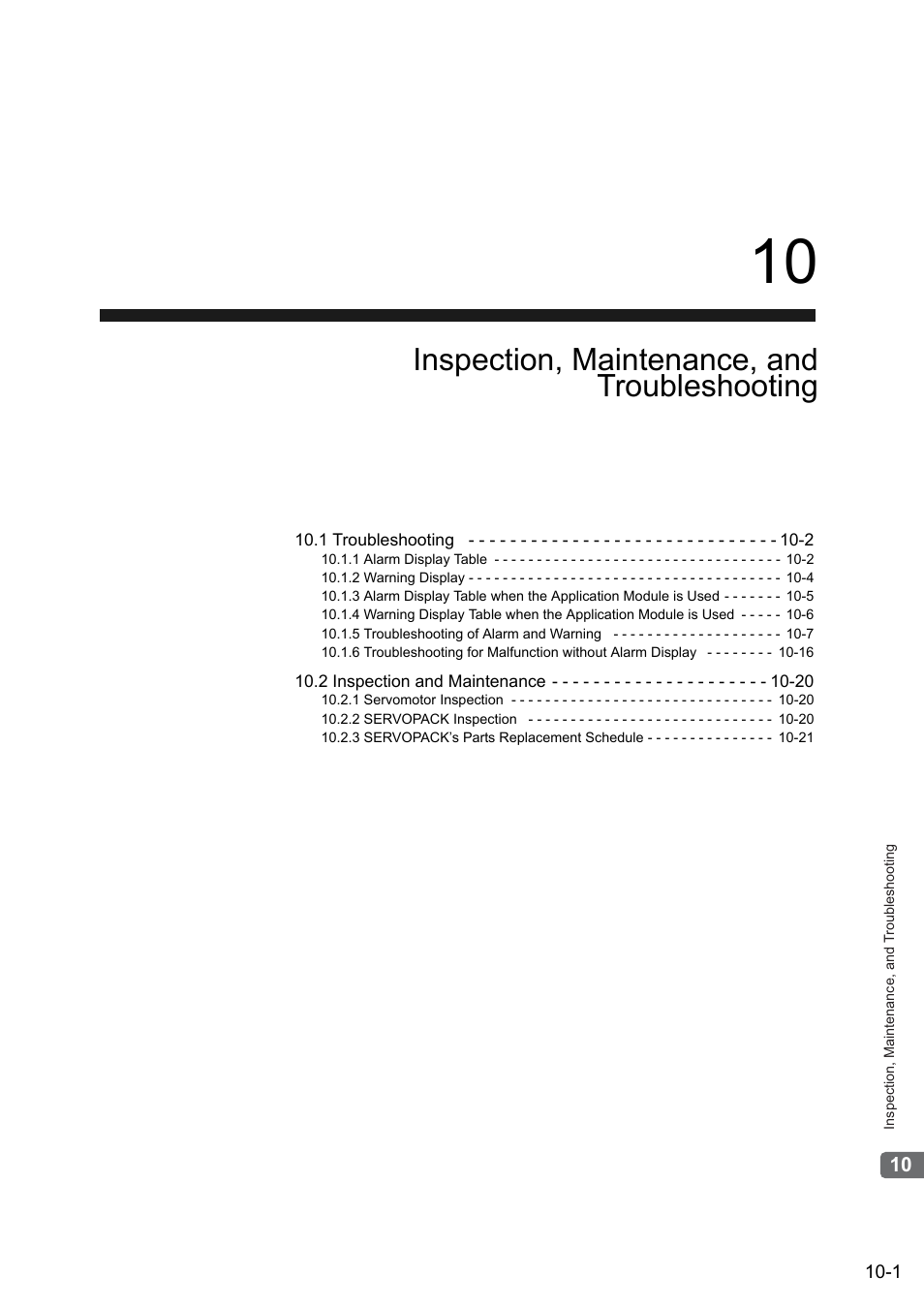 10 inspection, maintenance, and troubleshooting, Inspection, maintenance, and troubleshooting | Yaskawa Sigma II Series SGMVH User Manual | Page 282 / 339