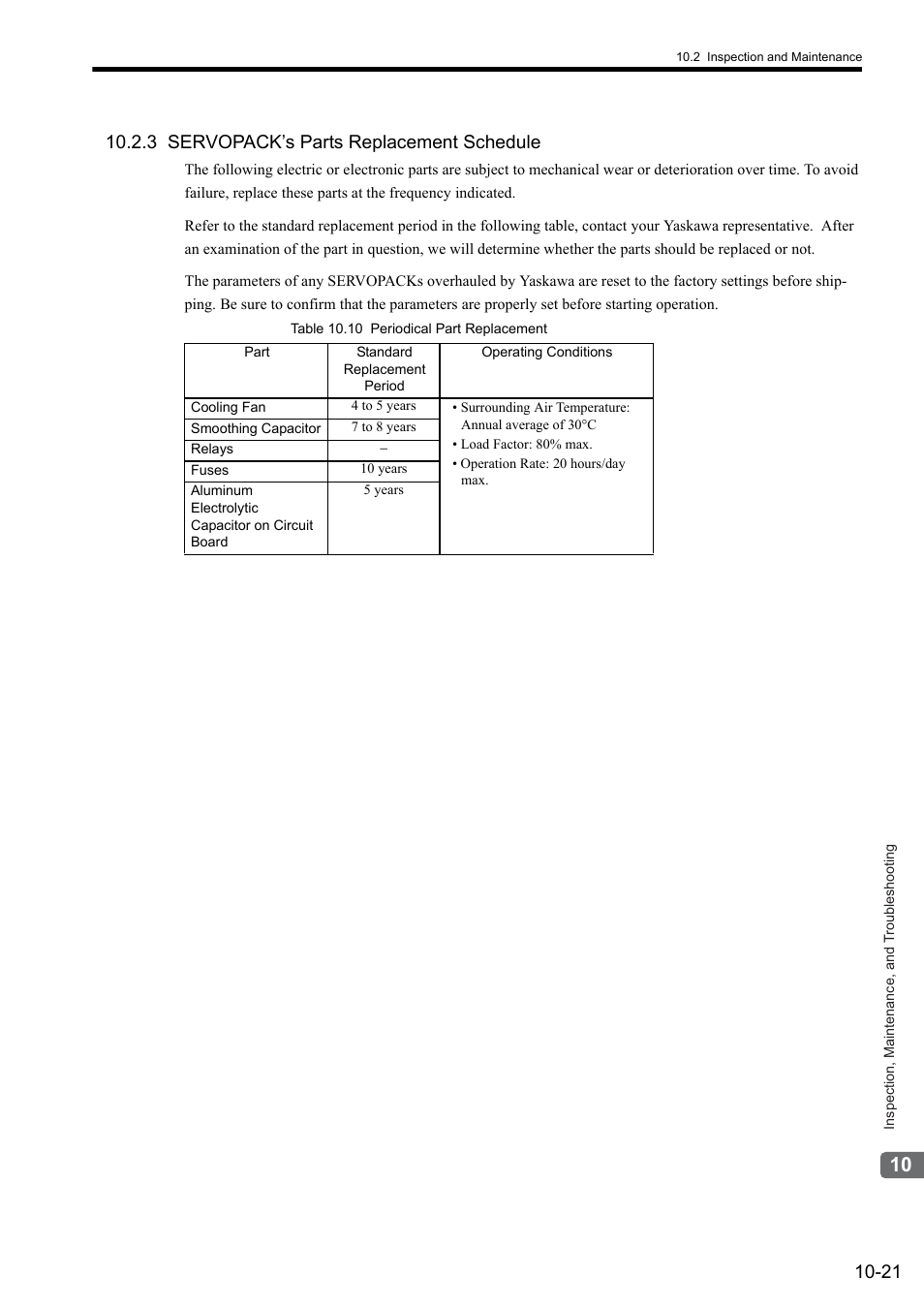 3 servopack’s parts replacement schedule | Yaskawa Sigma II Series SGMVH User Manual | Page 302 / 339