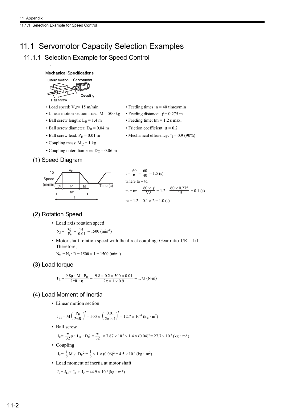 1 servomotor capacity selection examples, 1 selection example for speed control, 1) speed diagram (2) rotation speed | 3) load torque (4) load moment of inertia | Yaskawa Sigma II Series SGMVH User Manual | Page 304 / 339