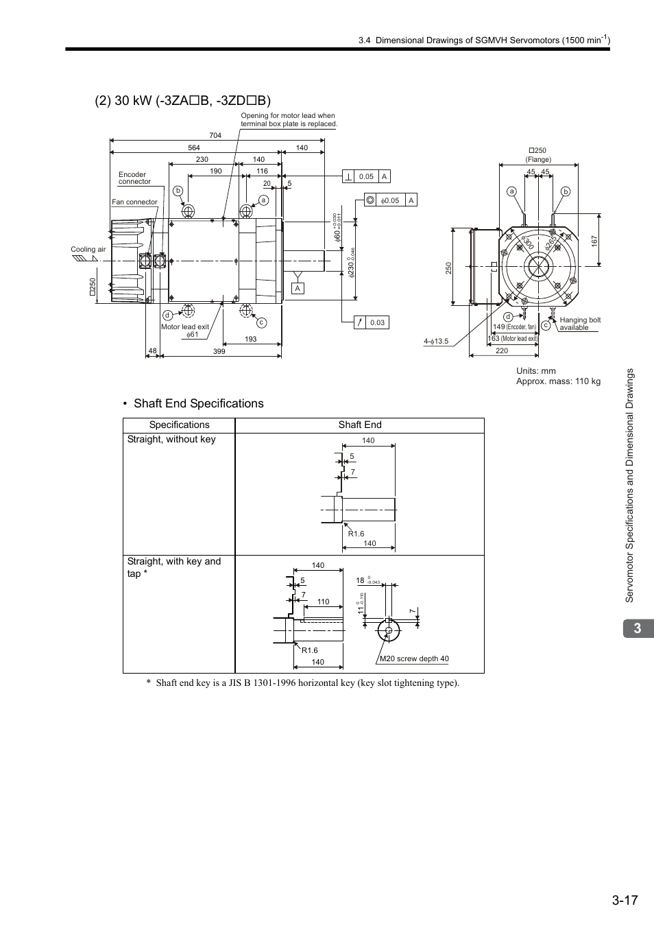 Shaft end specifications, Servomotor specifications and dimensional drawings | Yaskawa Sigma II Series SGMVH User Manual | Page 52 / 339