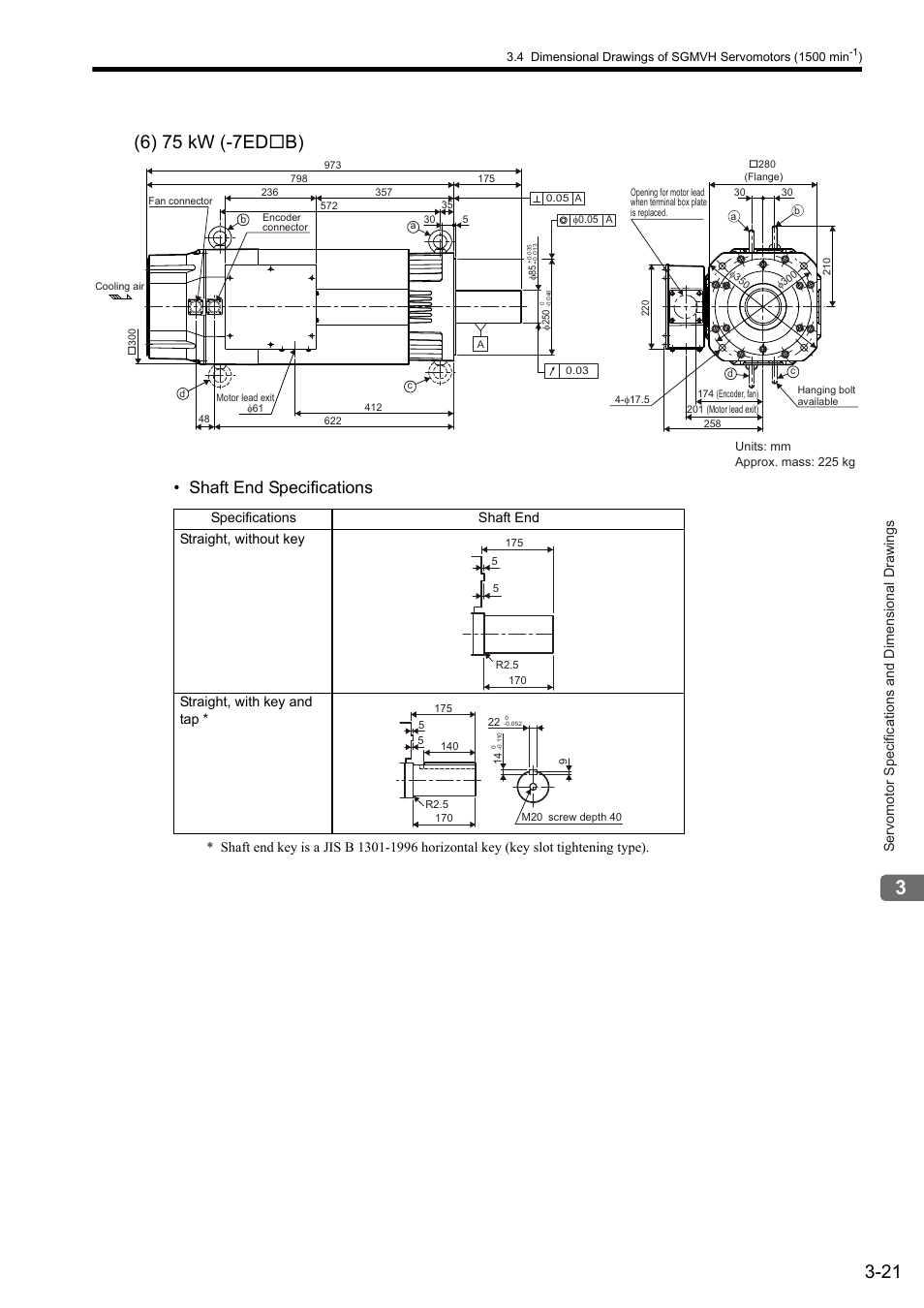 Shaft end specifications, Servomotor specifications and dimensional drawings | Yaskawa Sigma II Series SGMVH User Manual | Page 56 / 339