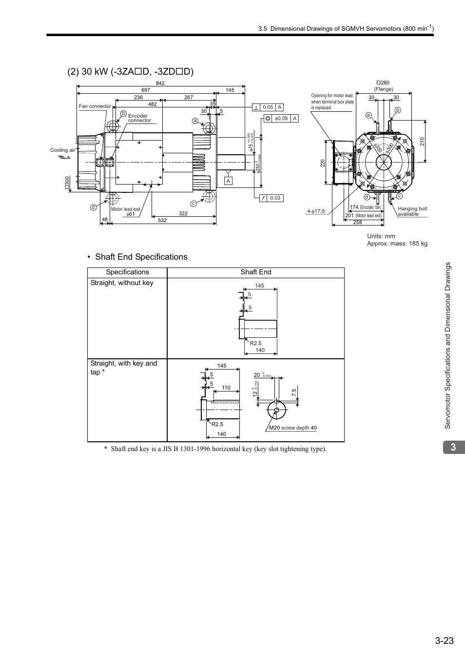 Shaft end specifications, Servomotor specifications and dimensional drawings | Yaskawa Sigma II Series SGMVH User Manual | Page 58 / 339