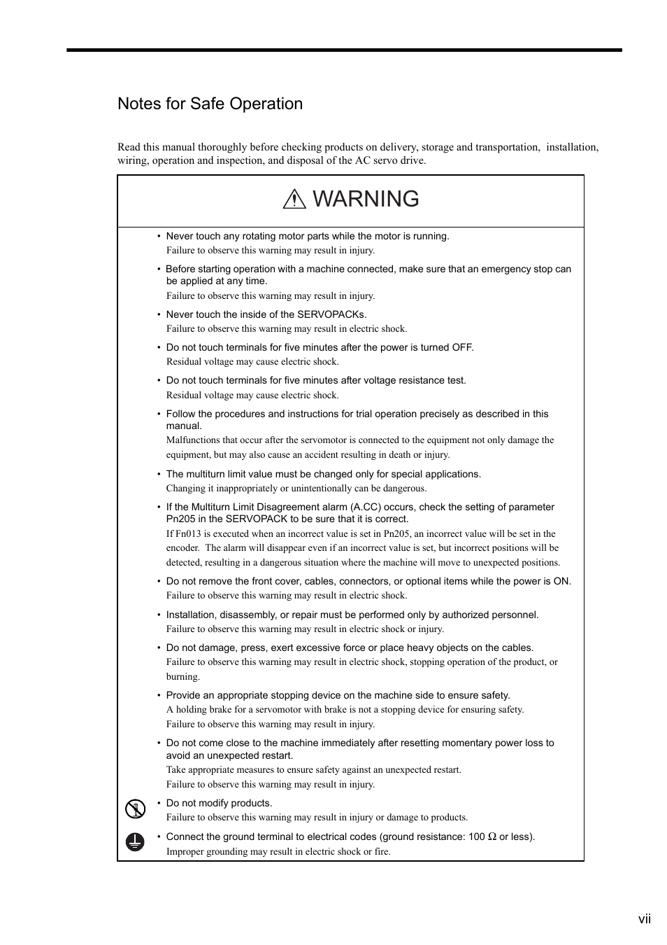 Notes for safe operation, Warning | Yaskawa Sigma II Series SGMVH User Manual | Page 7 / 339