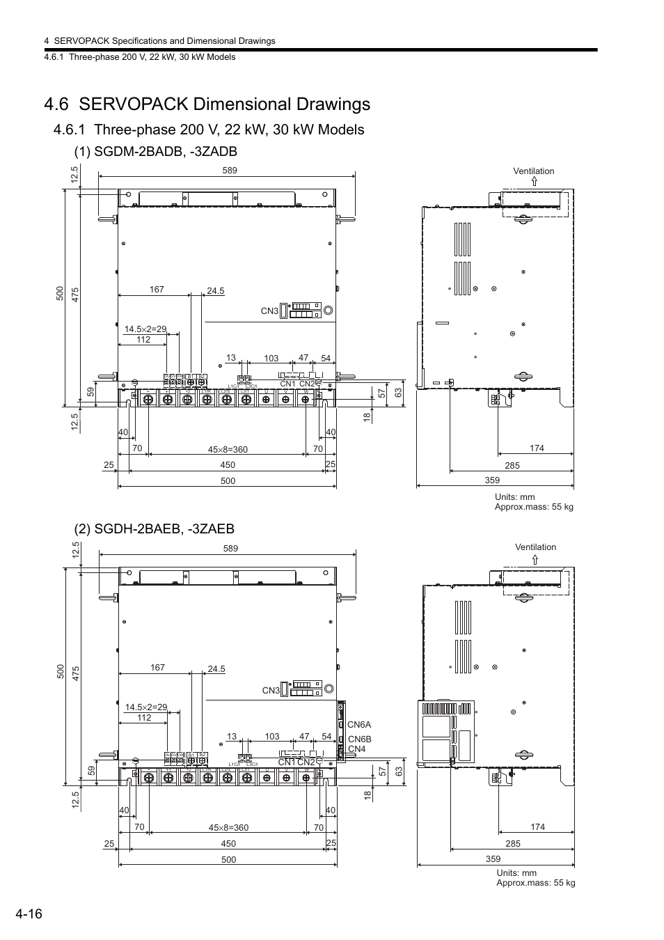 6 servopack dimensional drawings, 1 three-phase 200 v, 22 kw, 30 kw models | Yaskawa Sigma II Series SGMVH User Manual | Page 76 / 339