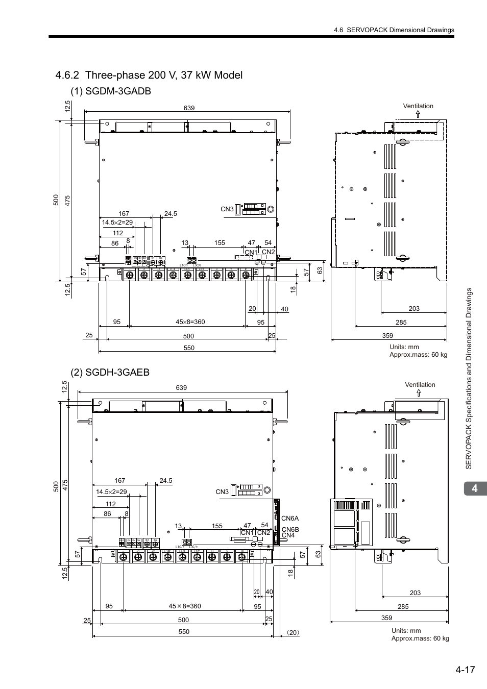 2 three-phase 200 v, 37 kw model, 1) sgdm-3gadb (2) sgdh-3gaeb | Yaskawa Sigma II Series SGMVH User Manual | Page 77 / 339