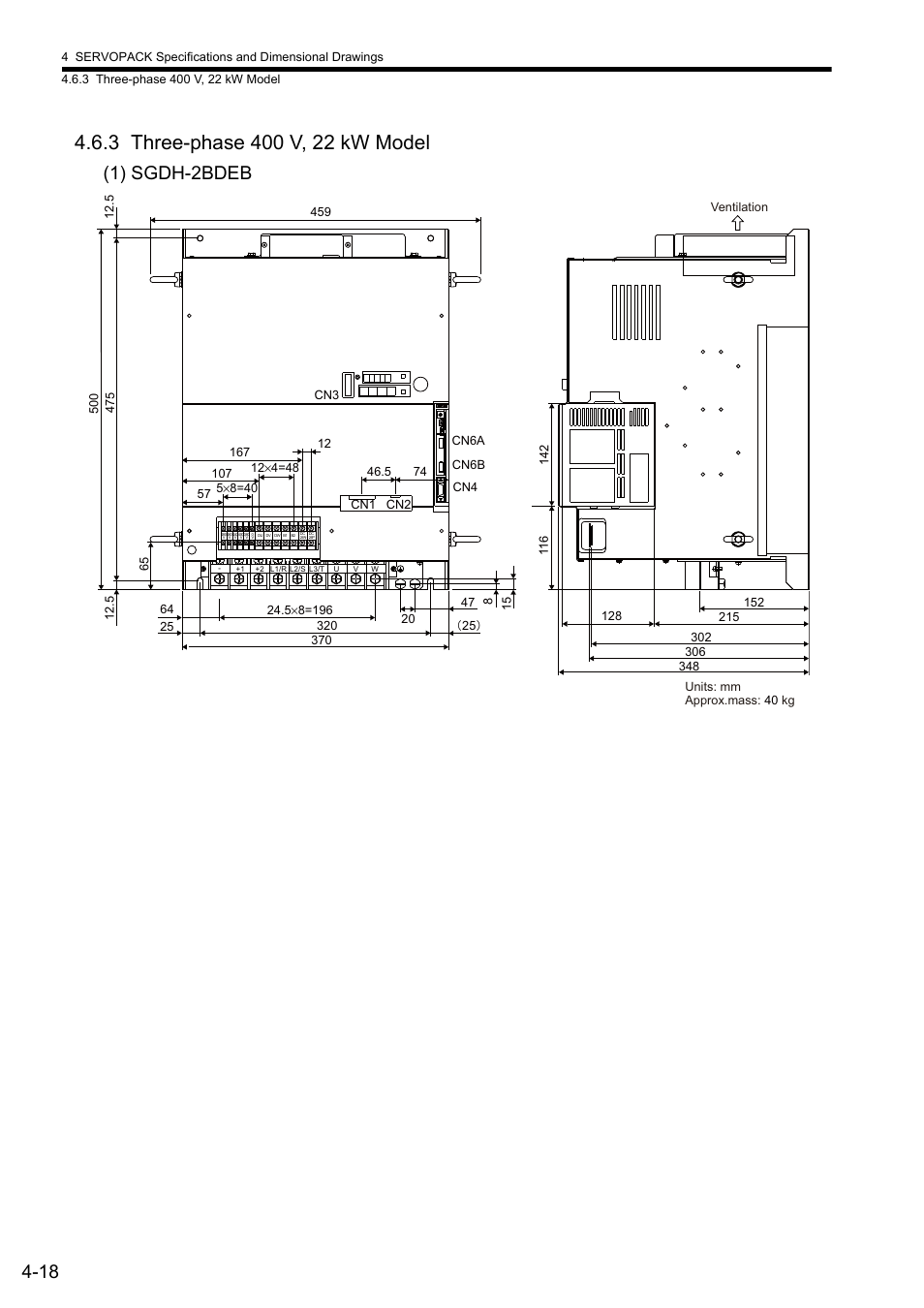 3 three-phase 400 v, 22 kw model, 1) sgdh-2bdeb | Yaskawa Sigma II Series SGMVH User Manual | Page 78 / 339
