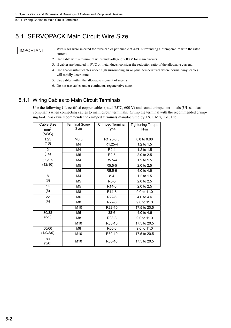 1 servopack main circuit wire size, 1 wiring cables to main circuit terminals | Yaskawa Sigma II Series SGMVH User Manual | Page 83 / 339