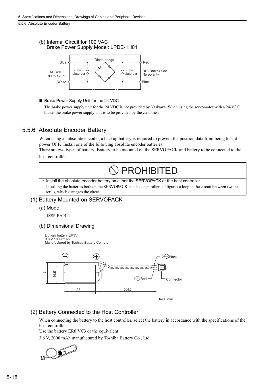 6 absolute encoder battery, Prohibited, 1) battery mounted on servopack | 2) battery connected to the host controller | Yaskawa Sigma II Series SGMVH User Manual | Page 99 / 339